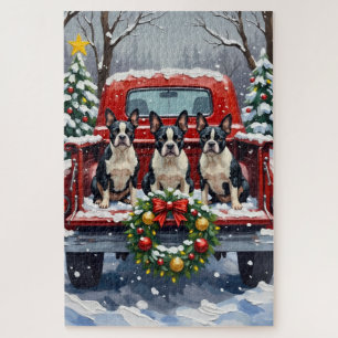 Puzzle Boston Terrier Navidad Camión Rojo Fiesta