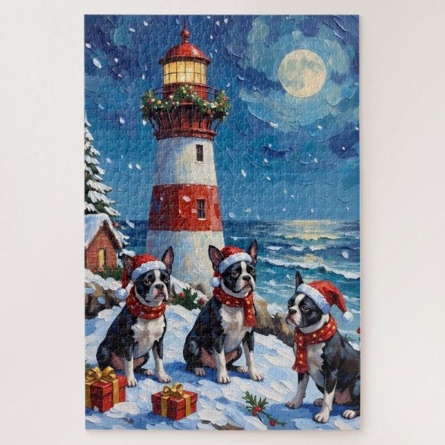 Puzzle Boston Terrier Navidad Faro Fiesta (Vertical)