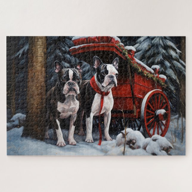 Puzzle Boston Terrier Nevado Trineo Navidad Decoración    (Horizontal)