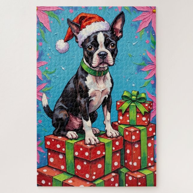 Puzzle Boston Terrier Pop Art Christmas Packages Hat (Vertical)
