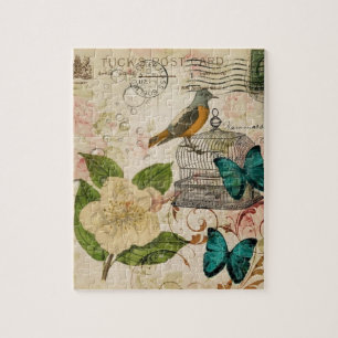 Puzzle botánico francés del pájaro floral lamentable d