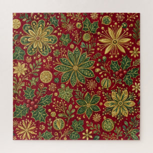 Puzzle Botánico Navideño de Acebo Verde Dorado Vintage