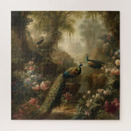 Puzzle Botánico: tres pavos reales en jardín inglés