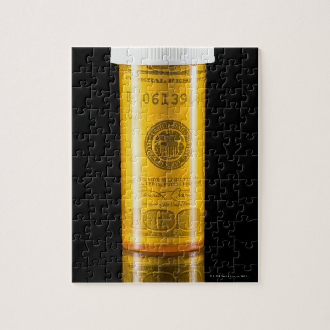 Puzzle Botella de receta con billete de cien dólares (Vertical)