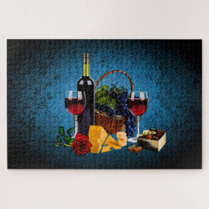 Puzzle Botella de vino/uvas/cesta, queso, chocolate, azul