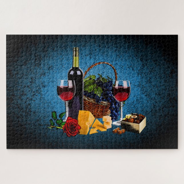 Puzzle Botella de vino/uvas/cesta, queso, chocolate, azul (Horizontal)