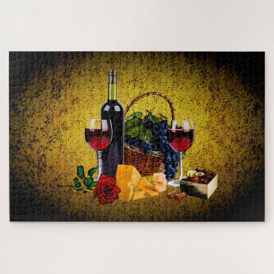 Puzzle Botella de vino/uvas/cesta, queso, chocolate, oro