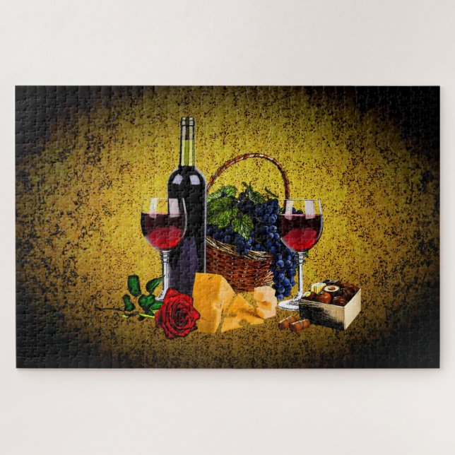 Puzzle Botella de vino/uvas/cesta, queso, chocolate, oro (Horizontal)