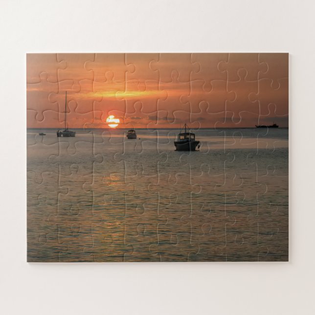 Puzzle Botes tropicales de atardecer en el océano Caribe (Horizontal)