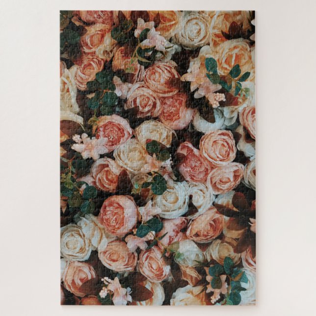 Puzzle Bouquet de rosas rosadas y hojas verdes (Vertical)