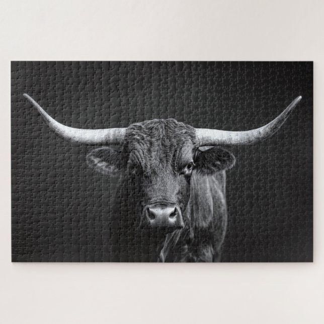 Puzzle Bovino de acero monocromo de Longhorn (Horizontal)