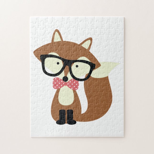 Puzzle Bow Tie y Glasses Hipster Brown Fox (Vertical)