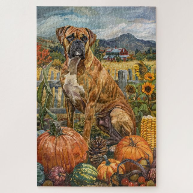 Puzzle Boxer Dog Otumn Harvest Acción de Gracias (Vertical)