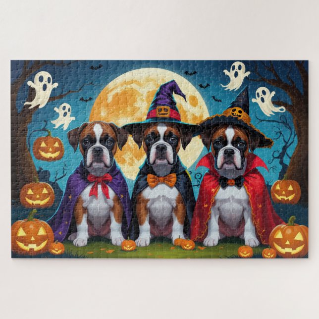 Puzzle Boxer Dogs Calabaza Halloween Gracioso (Horizontal)