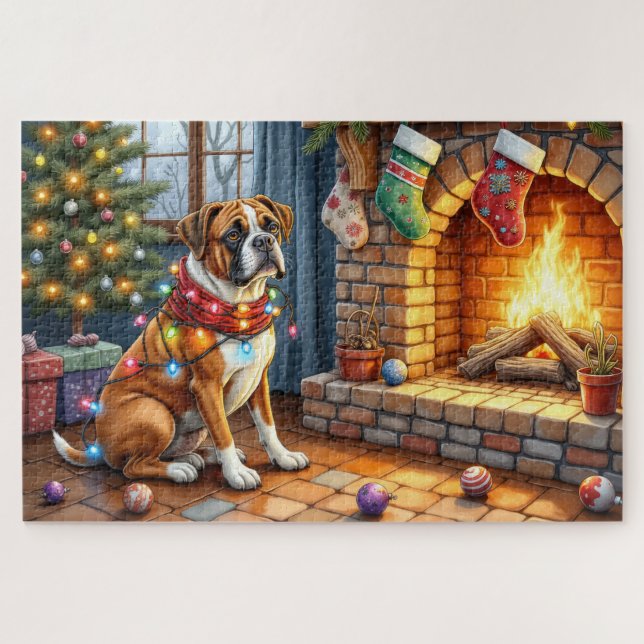 Puzzle Boxer Sitting by Fireplace with Christmas Lights (Horizontal)