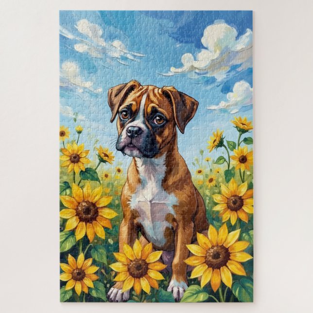 Puzzle Boxer Spring Sunflower Field Dog (Vertical)