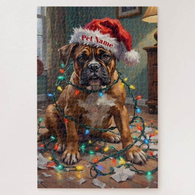 Puzzle Boxer Tangled in Christmas Lights Guilty Hat (Vertical)