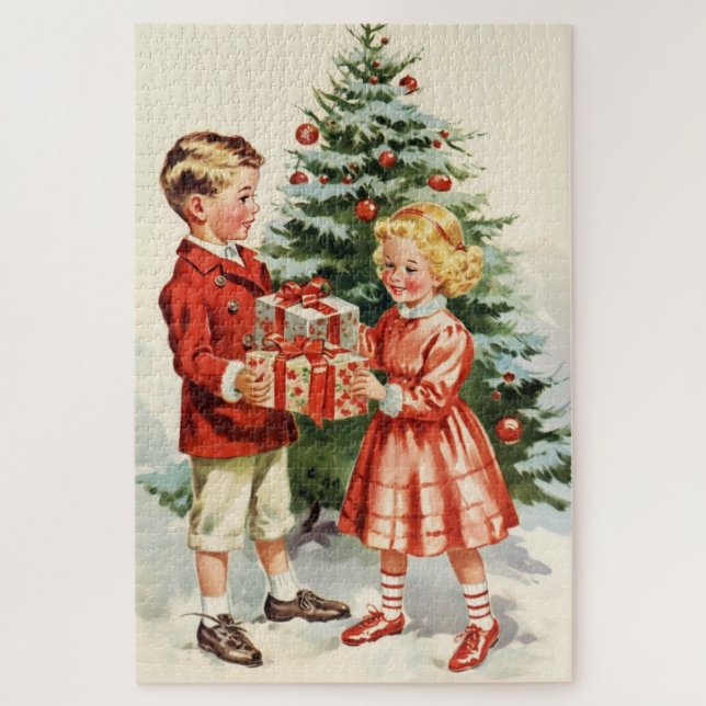 Puzzle Boy and girl giving each other Christmas presents (Vertical)