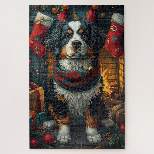 Puzzle Boyero de Berna con chimenea de regalos de Navidad (Vertical)