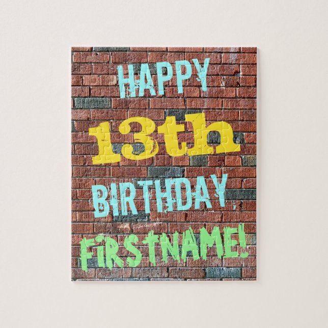 Puzzle Brick Wall Graffiti Inspired 13th Birthday + Name (Vertical)