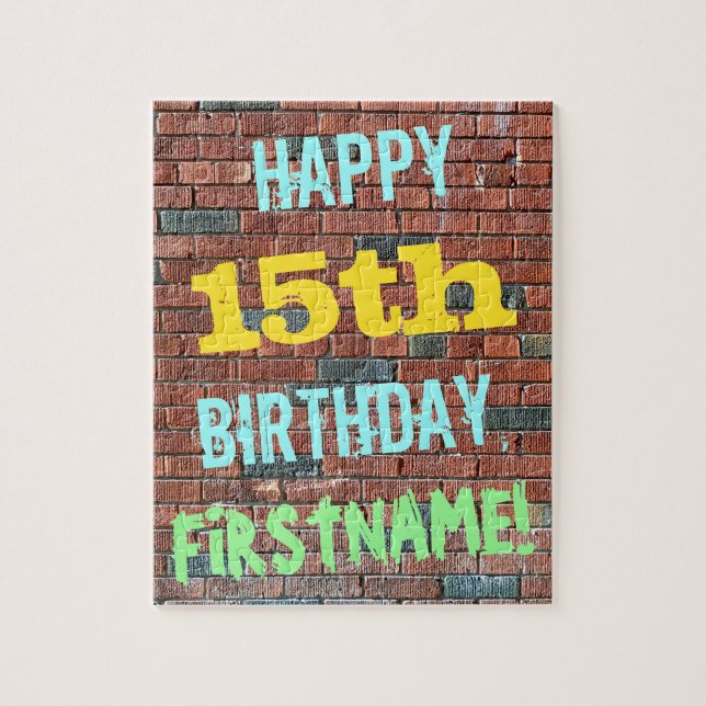 Puzzle Brick Wall Graffiti Inspired 15th Birthday + Name (Vertical)