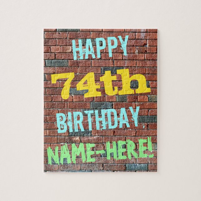 Puzzle Brick Wall Graffiti Inspired 74th Birthday + Name (Vertical)