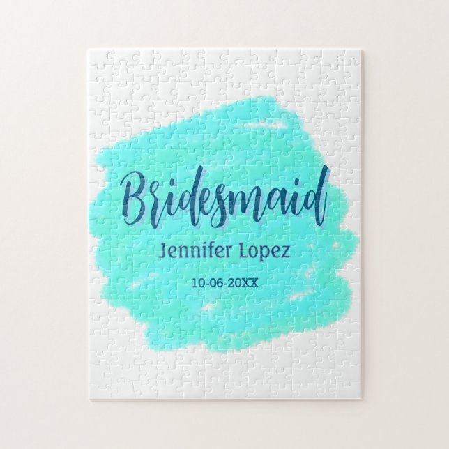 Puzzle Bridesmaid color de agua verde azul añadir nombre  (Vertical)