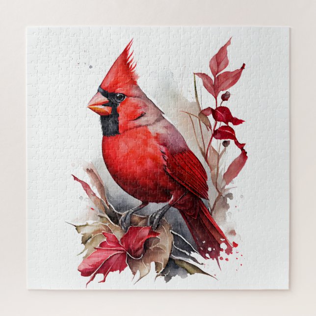 Puzzle Brillante color de agua rojo invierno Cardenal Bir (Vertical)