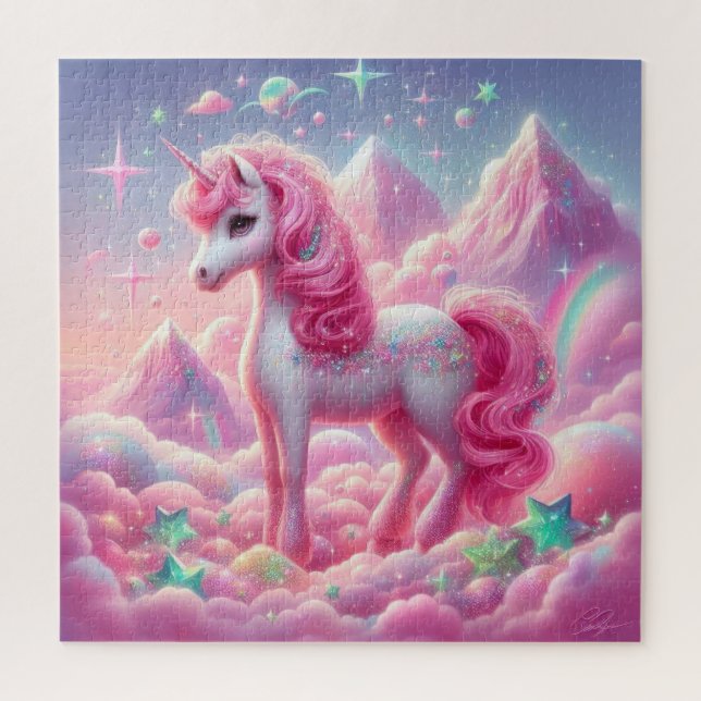 Puzzle Brillante purpurina de unicornio rosa y azul (Vertical)