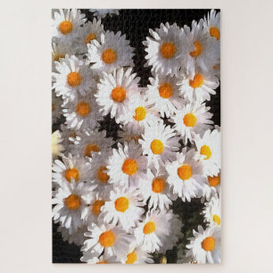 Puzzle Brilliant White Daisies On Black Floral Art