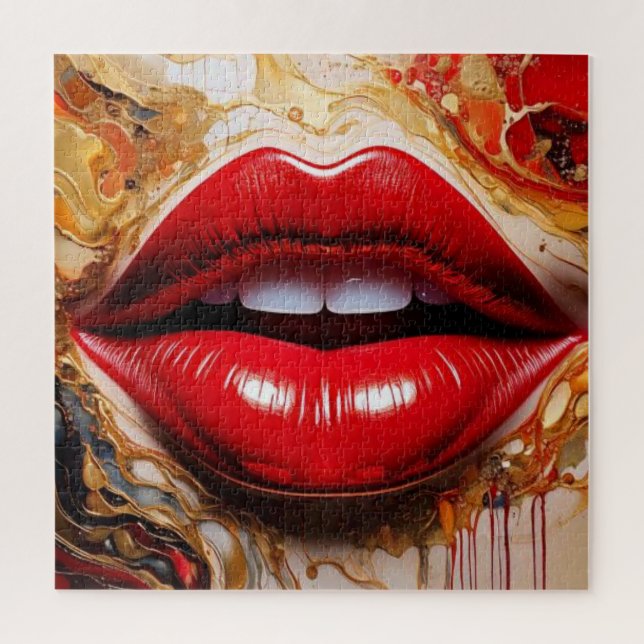 Puzzle Brillo Carmesí: Labios Rojo Intenso y Oro Líquido (Vertical)