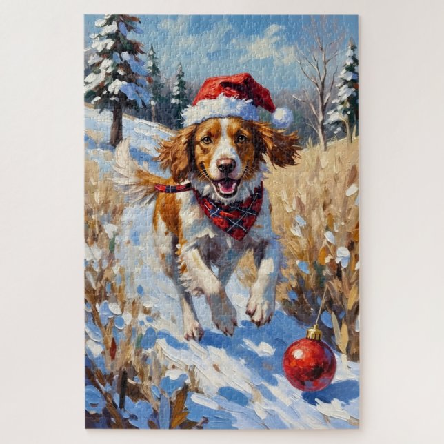 Puzzle Brittany Spaniel Chasing Christmas Ornament Hat (Vertical)