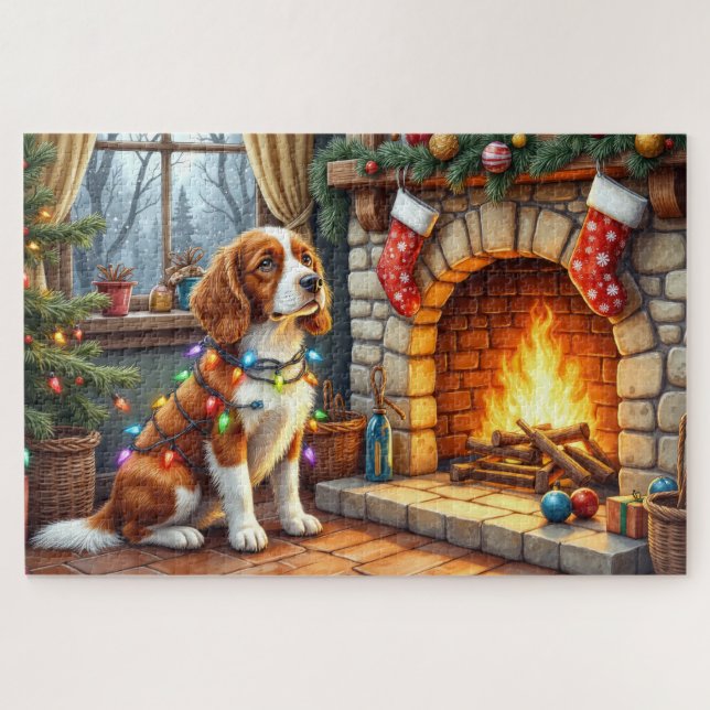 Puzzle Brittany Spaniel Chimenea con Luces de Navidad (Horizontal)