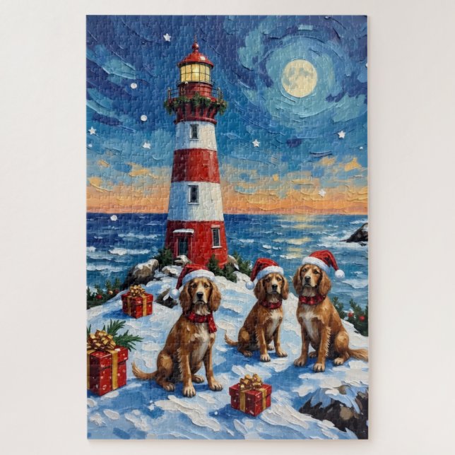 Puzzle Brittany Spaniel Christmas Lighthouse Holiday (Vertical)