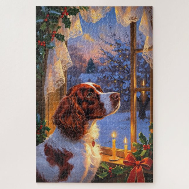 Puzzle Brittany Spaniel con Luces de Navidad Fiesta  (Vertical)