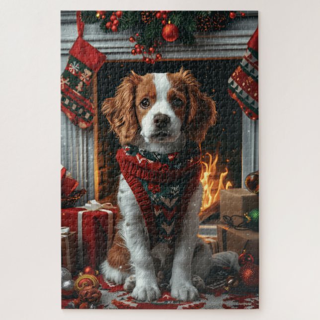 Puzzle Brittany Spaniel con regalos de Navidad en la chim (Vertical)