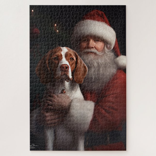 Puzzle Brittany Spaniel Con Santa Claus Navidad (Vertical)