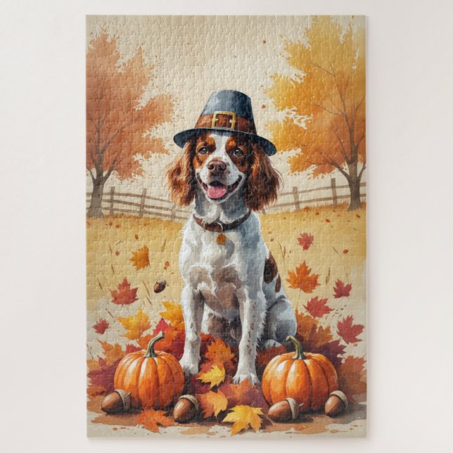 Puzzle Brittany Spaniel en Hojas de Otoño Arte de Acción  (Vertical)