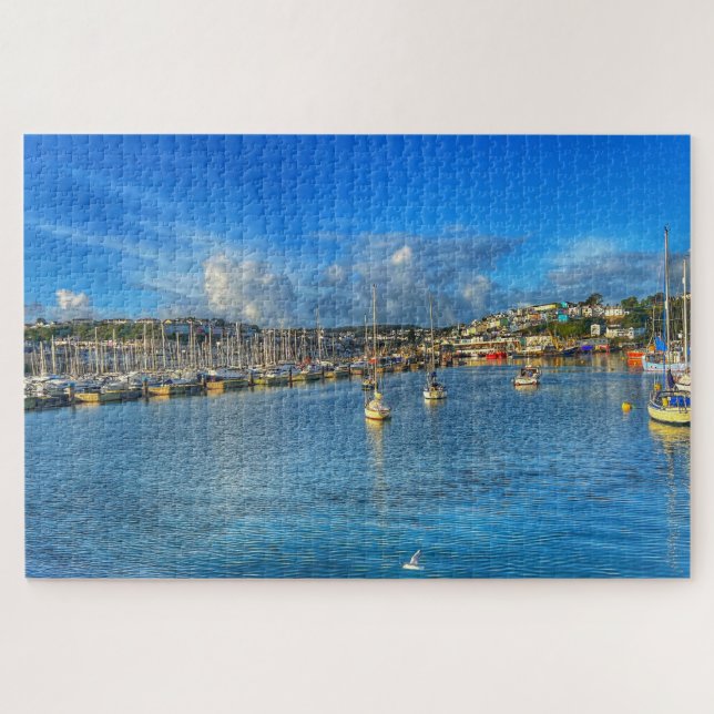 Puzzle Brixham Marina: Sunny Devon Harbor & Seagull View (Horizontal)