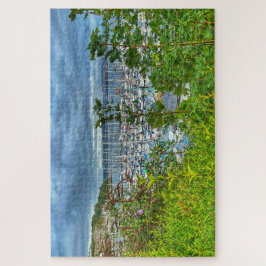 Puzzle Brixham Marina: Vista costera a través de las hoja
