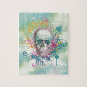 Puzzle brotes de cráneo fresco giran sobre marco floral 