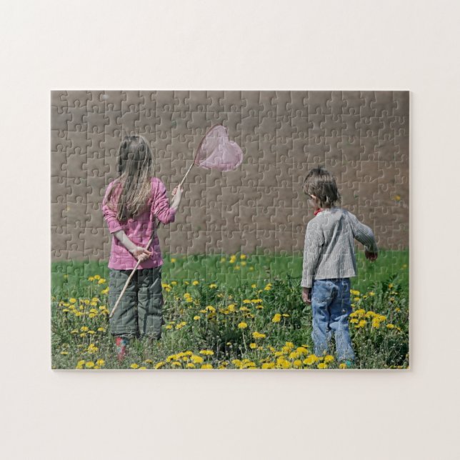 Puzzle Brother and sister in summer day. (Horizontal)