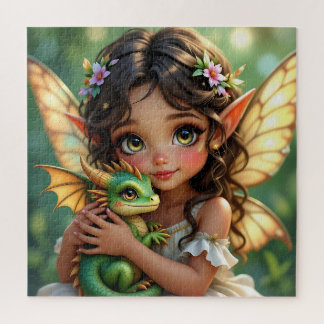 Puzzle Brown Eyed Elven Fairy and Dragon