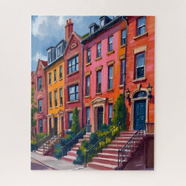 Puzzle Brownstone City Street Watercolor Painting