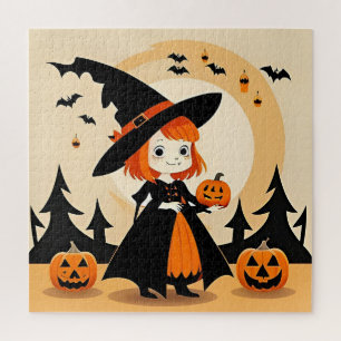 Puzzle Bruja Adorable Sosteniendo Calabaza