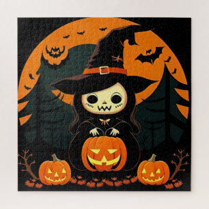Puzzle Bruja Adorable Sosteniendo una Calabaza en Hallowe