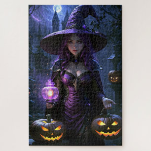 Puzzle Bruja animada de Halloween y linternas Jack-O