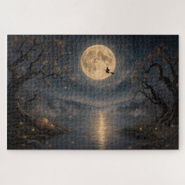 Puzzle Bruja bajo la luna llena gótica Halloween lago