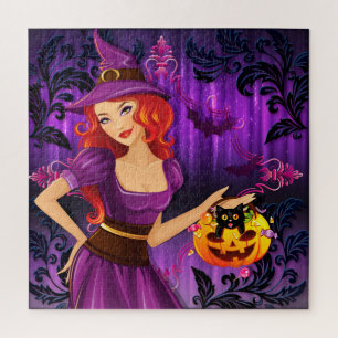 Puzzle Bruja, calabaza y gato negro