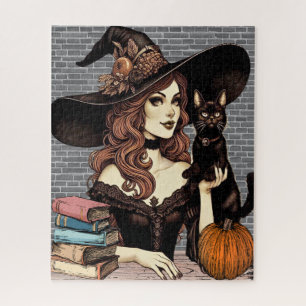Puzzle Bruja con gato negro y libros